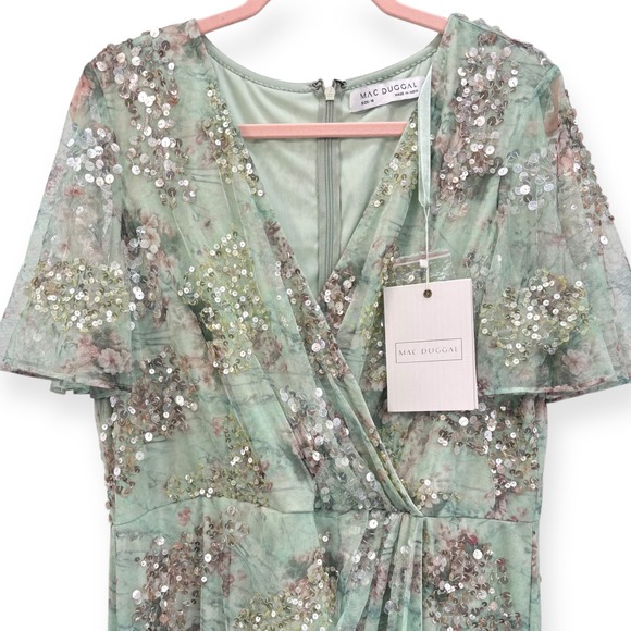 Mac Duggal NEW Seamist Green Embellished Butterfly Sleeve Faux Wrap Gown Size 16 - Picture 7 of 13